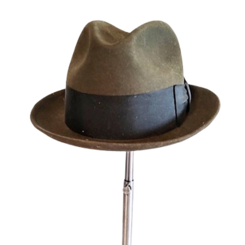 1960s Dark Olive Green Felt Vintage Skinny Narrow Brim Fedora Hat Unworn 6 7/8